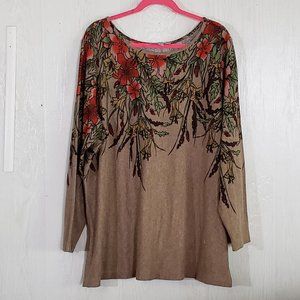 George Simonton Floral Knit Top, 3x  Tan